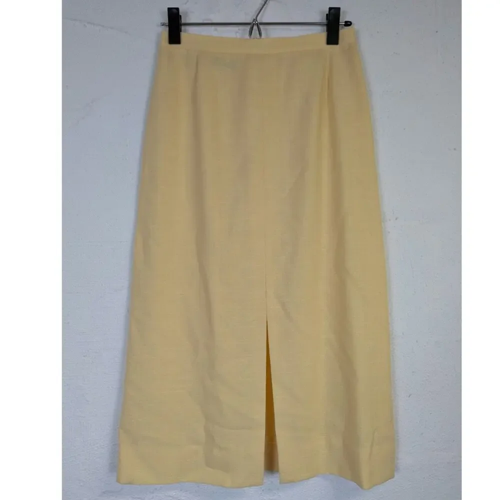 Vtg Linen Butter Yellow Midi Skirt The Villager Classic Office Preppy Slit XS